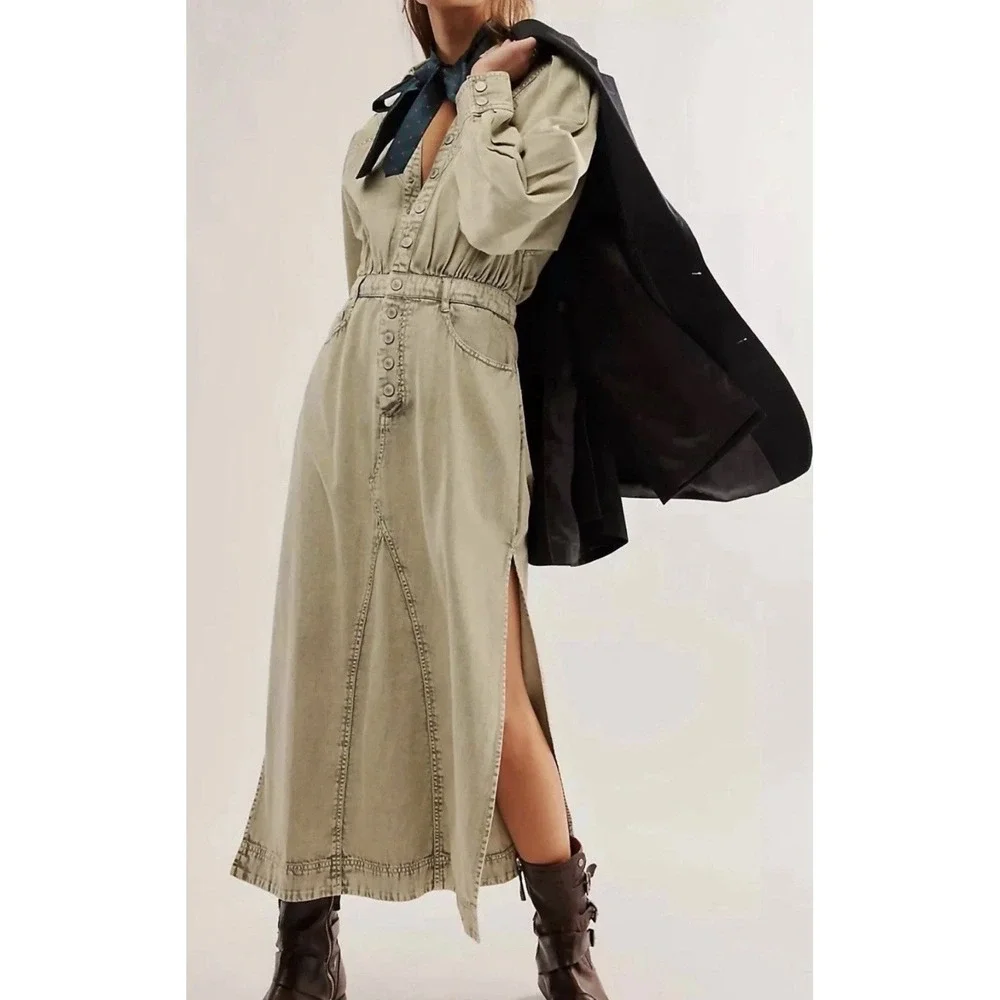 NWT Free People Mad Love Denim Midi Dress Cotton Fitted Long Sleeve Size M Sage - Picture 1 of 10